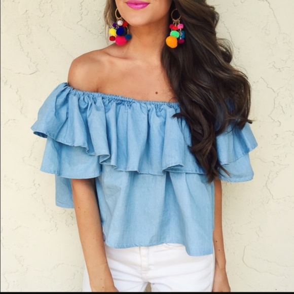 Goodnight Macaroon Tops - NWT Goodnight Maroon Chambray Off Shoulder Top